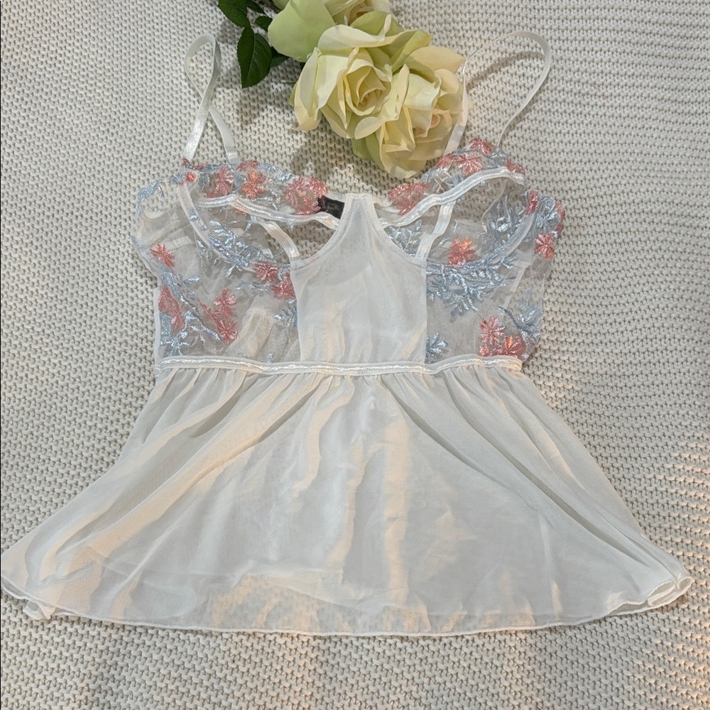 Elegant Moments Sheer Chemise - White with Pink and Blue Embroidery